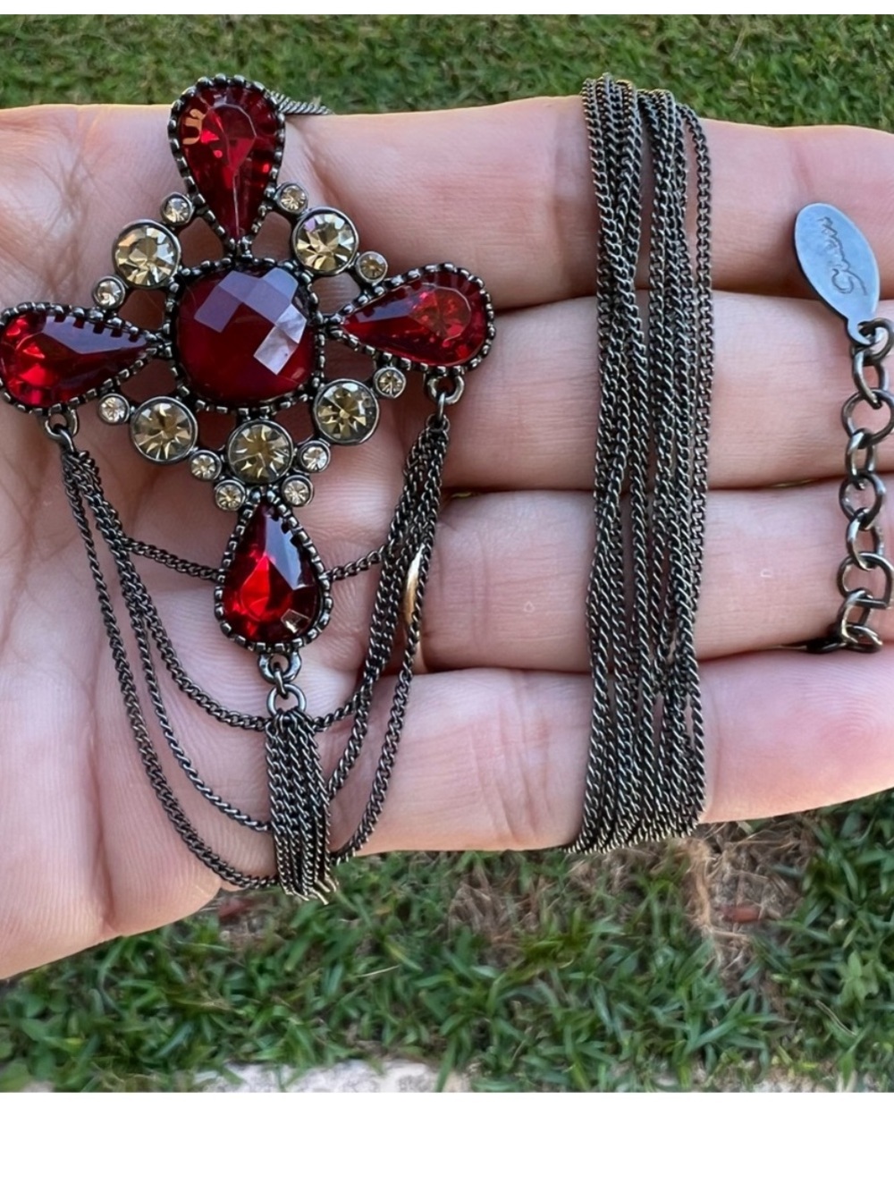 Vintage Y2K Gothic Cross Necklace Red Rhinestone Gunmetal Tassel Fringe Vamp